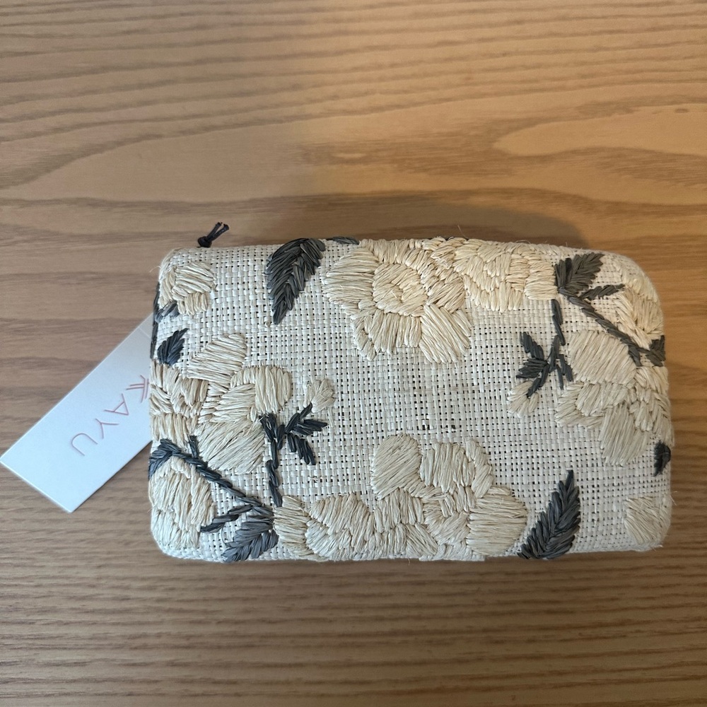 NWT Kayu Nara Embroidered Straw Clutch Bag